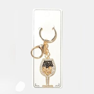 Gold & Black Rhinestone Wine Glass Keychain With Clasp BNIB